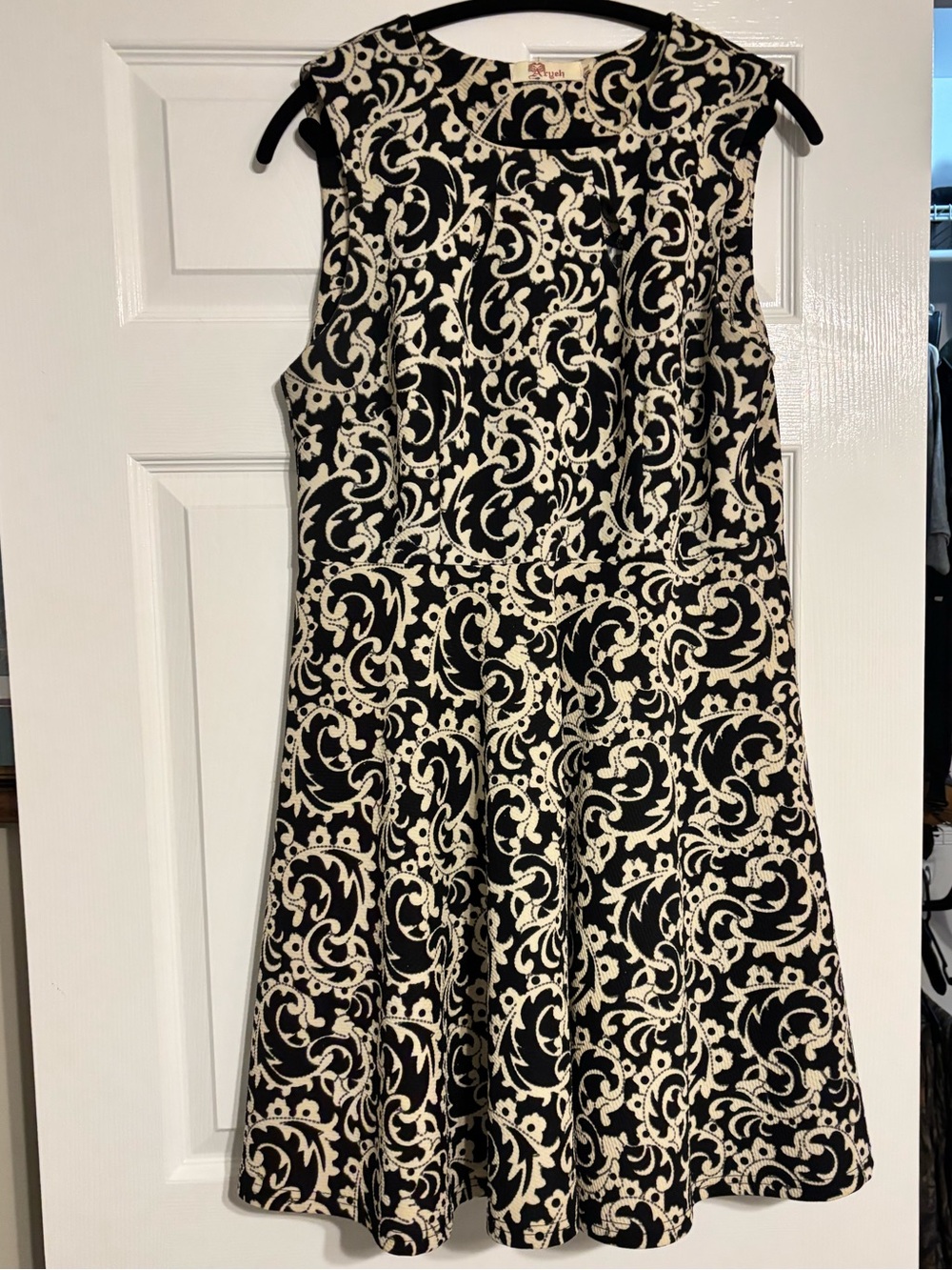 Aryeh Black and Cream Scroll-Print Sleeveless Fit & Flare Dress